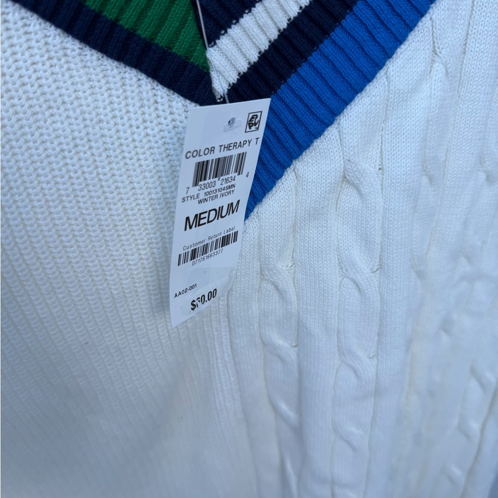 Club Room White V-Neck Sweater with Blue and Green Accents